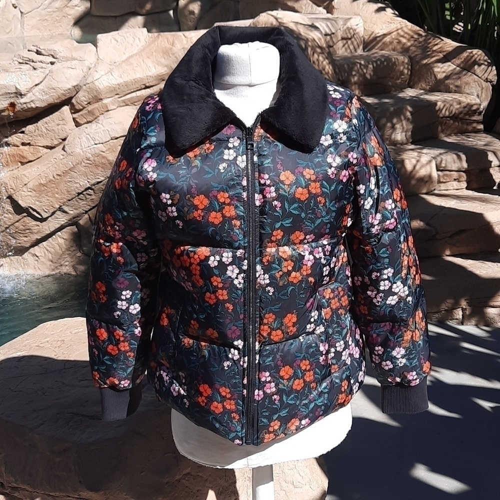 Banana Republic Floral Down Puffer Jacket Faux Fur Collar Black Orange Small